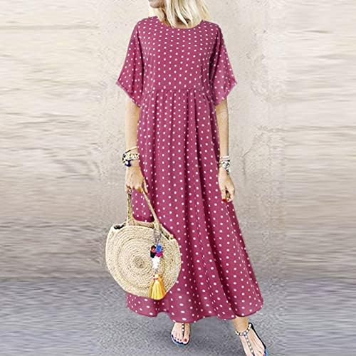 Kadınlar İçin elbiseler 2023 Yaz Rahat Boho Baskı Sundress Pamuk Keten Elbise tatil elbisesi Crewneck Flowy Maxi Elbise