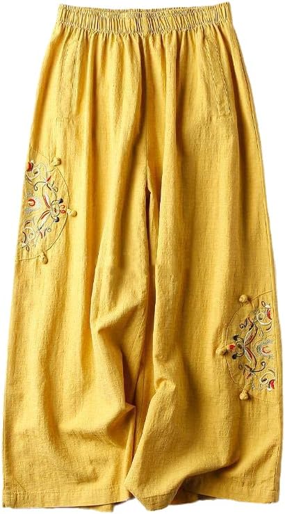 Çin Pamuk Keten Rahat Kadın Yaz Retro Etnik Tarzı İşlemeli Geniş Bacak Tüm Maç Dokuz Noktalı Pantolon color3 Sarı