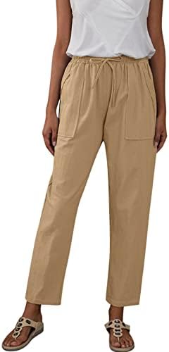 Pamuk Keten Pantolon Kadınlar için Rahat yazlık pantolonlar Cepler ile Baggy İpli Katı Elastik Yüksek Belli Rahat
