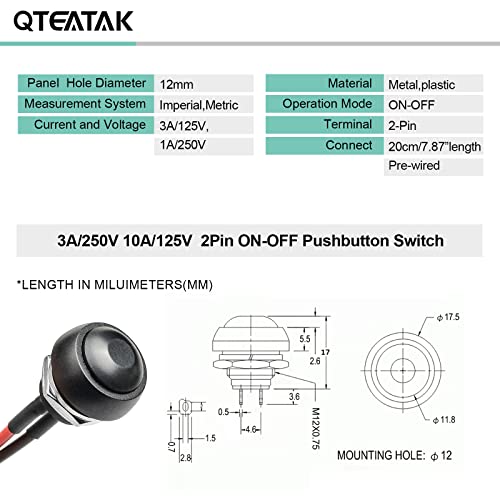 QTEATAK 1/2 (12mm) ön Kablolu Montaj Deliği Açık / Kapalı Mini Yuvarlak Su Geçirmez Anlık basmalı düğme anahtarı JF-33B-2Pack