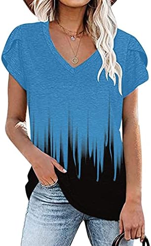 Bayan Tişörtleri Renk Bloğu Grafik Gevşek Fit Bluz Gömlek Kısa Kollu V Boyun Sonbahar Yaz Tişörtleri 2023 Giyim