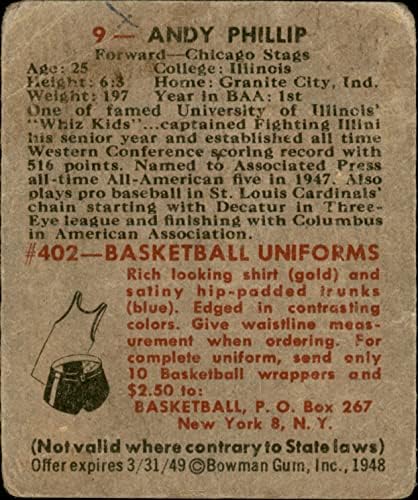 1948 Okçu 9 Andy Phillip Geyikler-BskB (Basketbol Kartı) ZAVALLI Geyikler-bskb Illinois
