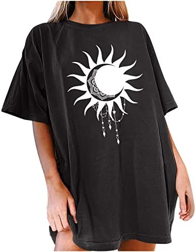 Büyük boy T Shirt Kadınlar için Crewneck Estetik Gömlek Casual Yaz Kısa Kollu Üstleri Gevşek Güneş ve Ay Grafik Tees
