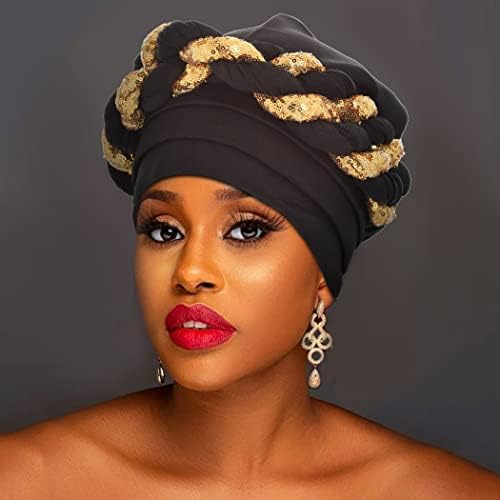 Woeoe kadın Afrika Başkanı Wrap Siyah Örgü Türban Sequins Önceden Bağlı başörtüsü Bere Kap Şapkalar