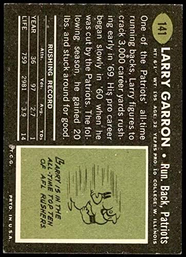 1969 Topps 141 Larry Garron New England Vatanseverleri (Futbol Kartı) İmza Vatanseverleri Batı Illinois