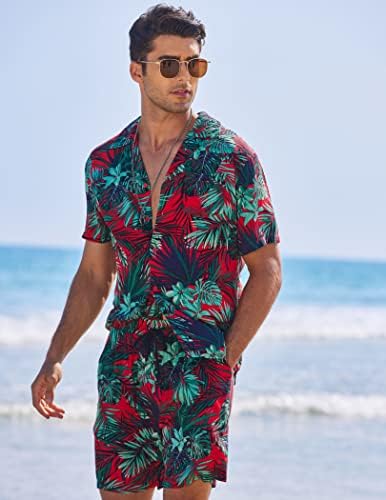 COOFANDY Erkek havai gömleği ve Kısa Set Çiçek 2 Parçalı Plaj Kıyafeti Kova Şapkalı