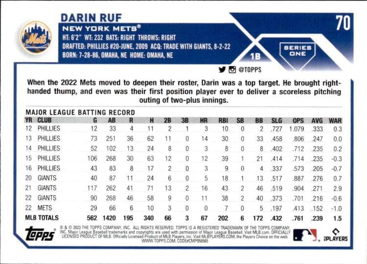 2023 Topps 70 İçinde Ruf NM - MT Mets
