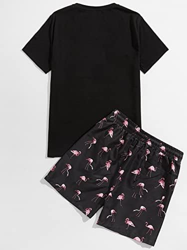 FİOXA İki Parçalı Kıyafetler Erkekler için Flamingo Baskı Üst ve şort takımı (Renk: Siyah, Boyut: Orta)