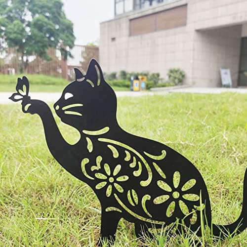 VTOSEN Sevimli Siyah Kedi Heykeli Canlı Görünüm Içi Boş Tasarım Metal Kedi Dekor Ev Bahçe Arka Bahçe Çim