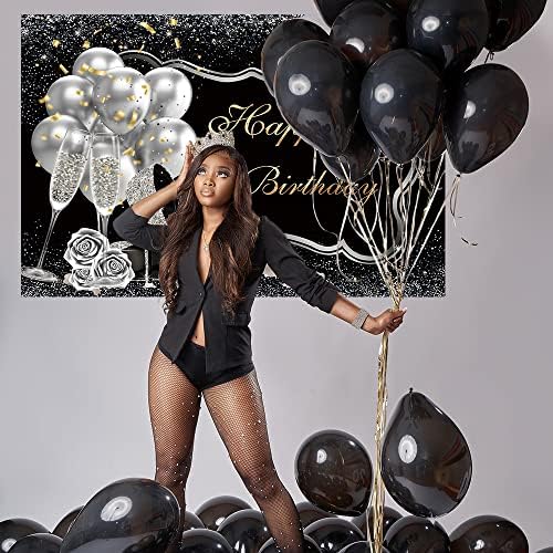 Bellımas Mutlu Doğum Günü Backdrop Gümüş ve Siyah Kadın Doğum Günü Partisi Afiş Yüksek Topuklu Şampanya Gül Balon