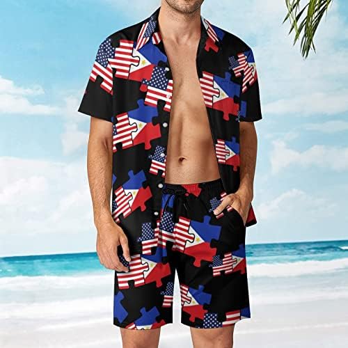 ABD ve Filipinler Bayrakları Bulmaca erkek 2 Parça Plaj Kıyafetleri Hawaii Düğme Aşağı Kısa Kollu Gömlek ve Şort Takım