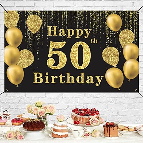 Crenics Mutlu 50th Doğum Günü Zemin Afiş, Ekstra Büyük 50 Doğum Günü Fotoğraf Arka Plan, siyah Altın 50 Yaşında Doğum
