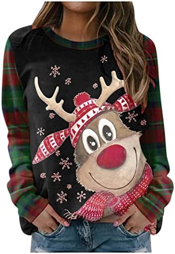 Noel Tişörtü Kadınlar için Komik Sevimli Ren Geyiği Baskı Gömlek Noel Raglan Uzun Kollu Tatil Kazak Tops