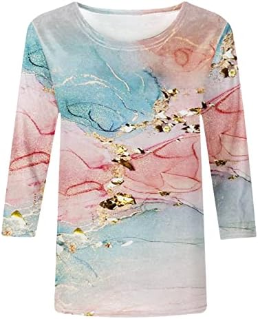 Pembe 3/4 Kollu Üstleri Bayanlar için Sonbahar Yaz Crewneck Mermer Grafik Salonu Üst Tişörtleri Genç Kız 2023 Elbise