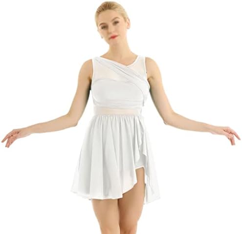 WALNUTA Kadın dans kostümü Kolsuz Kesme Geri Asimetrik Şifon Balo Salonu Bale Artistik patinaj Elbise (Renk: Beyaz,
