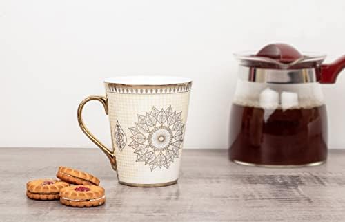 Femora El İşi Seramik Kahve Kupaları Hint Altın Tasarım 2'li Set (11 oz), Kapuçino Fincanları, Kahve Fincanları, İngiliz