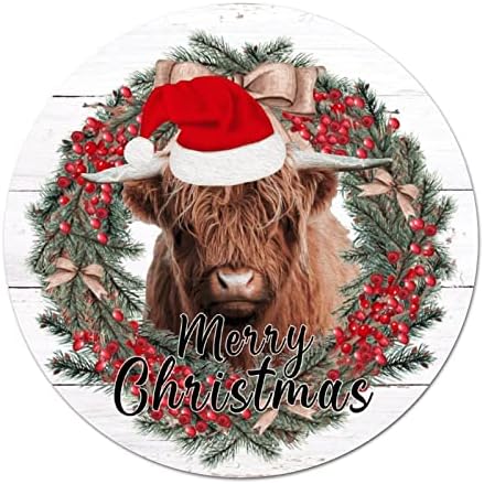 ArogGeld hoş geldin yazısı Ön Sundurma için Merry Christmas İnek Şapka ile Büyük Yuvarlak Teneke İşareti Çiftlik Evi