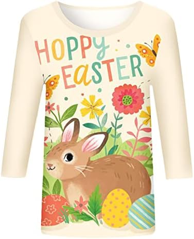 CGGMVCG Paskalya Gömlek Kadınlar için 3/4 Kollu Sevimli Tavşan Yumurta Baskı Moda Üç Çeyrek Kollu Üstleri Mutlu Paskalya