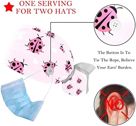 Düğme ile 2 Paket Çalışma Kapakları, kırmızı Uğur Böceği Desen Kabarık Fırçalama Şapkalar Kadınlar Uzun Saç