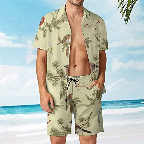 Kuşlar ve Dalları erkek 2 Parça Plaj Kıyafetleri Hawaiian Düğme Aşağı Kısa Kollu Gömlek ve Şort Takım Elbise