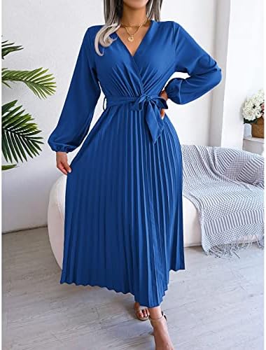 ıCODOD Elbise kadın 2023 Yaz Zarif Mizaç Büyük Salıncak Uzun Kollu Katı V Boyun Pilili Elbise Kadınlar için