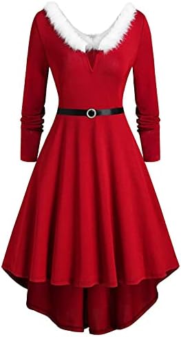 Kadın Noel Elbise Vestidos Faux Kürk V Boyun Uzun Kollu Tatil Parti Vintage 1950 s Rockabilly Asimetrik Elbiseler
