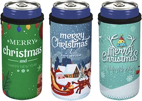 CaSZLUTİON 3 ADET Noel İçecek Can Kollu İnce Bira Can Soğutucu İzolatörler Neopren İnce Can Cilt Kapakları 12 OZ Bira