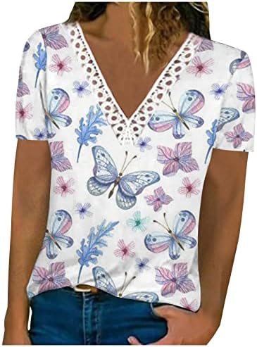 Bayan yazlık gömlek 2023 Şık Casual Tops Grafik Baskı Tees Dantel Trim V Boyun T Shirt Gevşek Fit Tunik Bluz